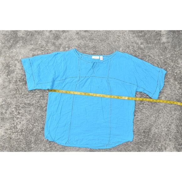 Chico's Blue Blouse Size 3 Rayon Women's Crew Neck Short Sleeve Solid - Picture 2 of 6